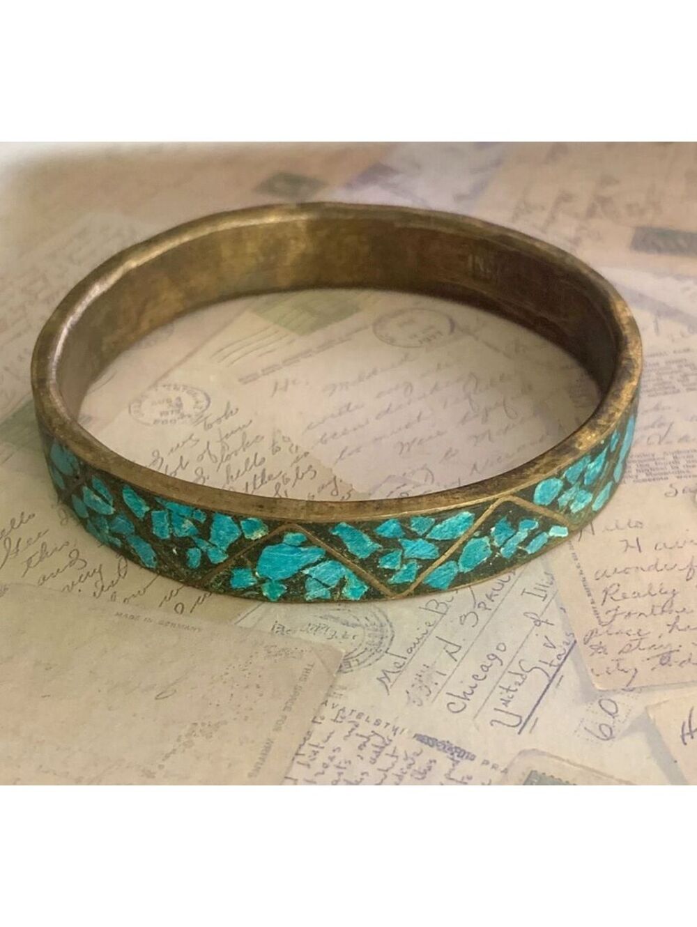 Vintage Boho / Mosaic Turquoise Chip Inlaid Brass Bangle Bracelet